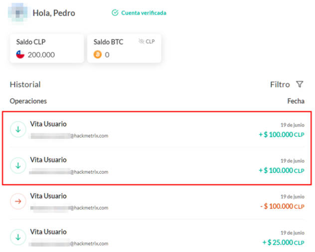 Ingresos de dos transferencias desde el mismo usuario.