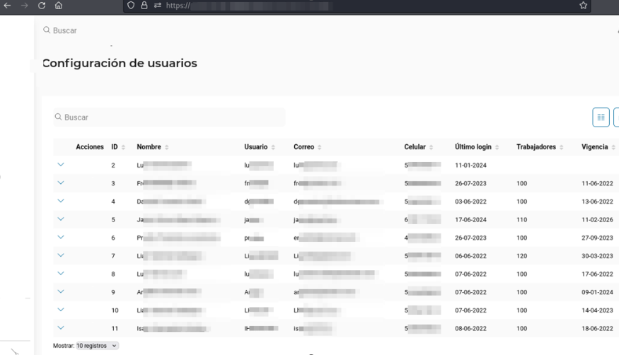 Apartado de configuración de usuarios